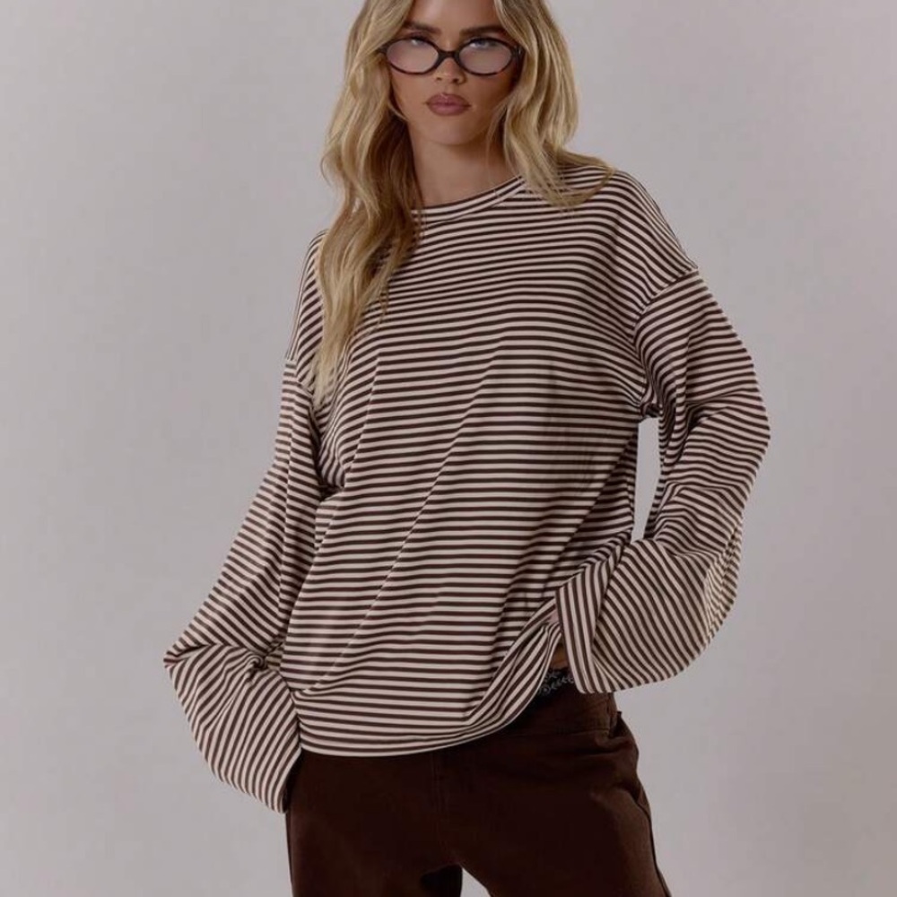 Elegant Brown Striped Long Sleeve Top